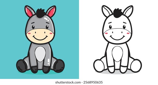 A cartoon donkey doll illustration for coloring book element or design element