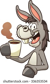 Cartoon donkey drinking coffee. Vector clip art illustration with simple gradients. Donkey and coffee steam on separate layers.