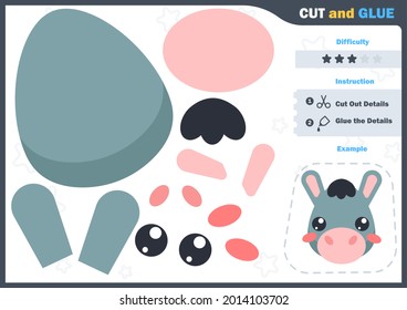 Cartoon donkey. Education paper game for preshool children. Cut parts of the image and glue on the paper. Vector illustration. Cut and Glue Game.