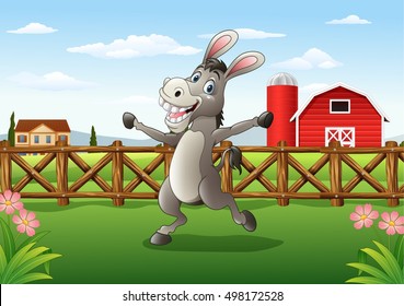 Cartoon donkey in the farm background