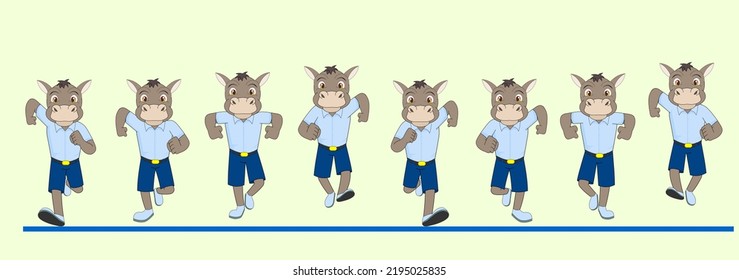 Cartoon Donkey Frame by Frame Front Run Cycle, in school dress, Vector Illustration, Ready to use for 2D Animation, Infographics, Animated eLearning videos, Motion graphics, Animated Posters