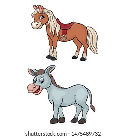 Cartoon donkey and horse farm animal vector illustration
