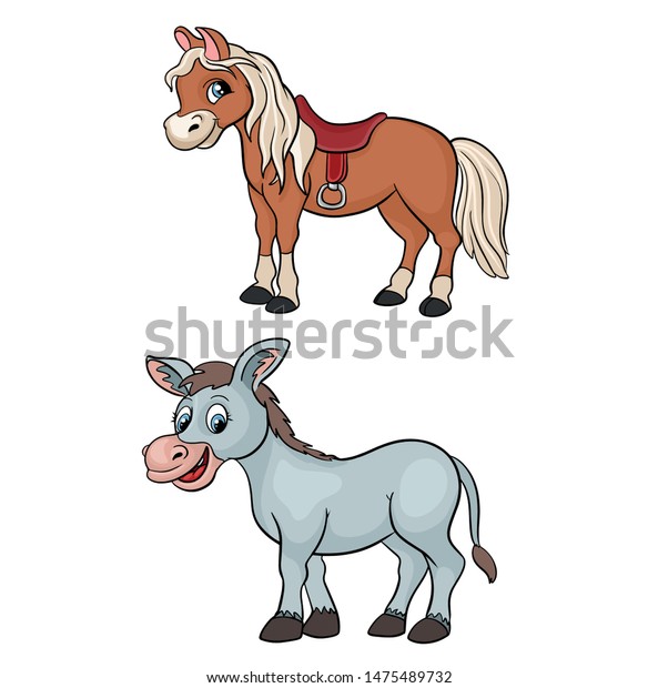 マンガのロバと馬の飼育動物のベクターイラスト のベクター画像素材 ロイヤリティフリー 1475489732