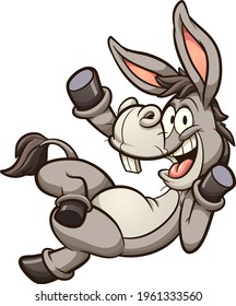 Cartoon donkey or mule lying down and waving happy. Vector clip art illustration with simple gradients. All on a single layer. 
