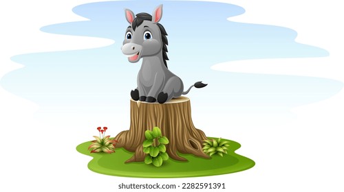 Burro de caricatura sentado sobre un trozo de árbol