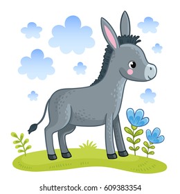 Cartoon donkey is standing in a clearing. Vector background with a  farm animal.