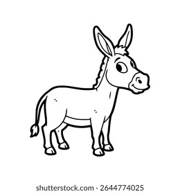 Cartoon donkey standing upright with curious expression, outlined in black and white sketch. Vector Illustration