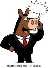 A cartoon donkey in a suit talking on a cell phone.
