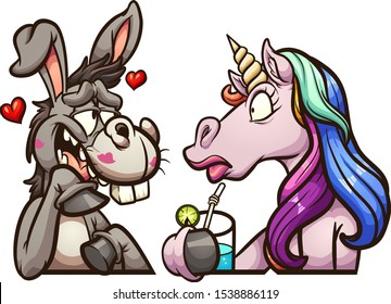 Cartoon donkey and unicorn on a date clip art. Vector illustration with simple gradients. Each on a separate layer. 
