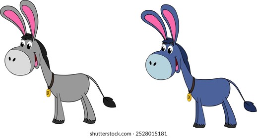 Cartoon Donkey Vetor, Personagem de burro bonito, cinza, azul, Desenho Animado Animal de Ilustração