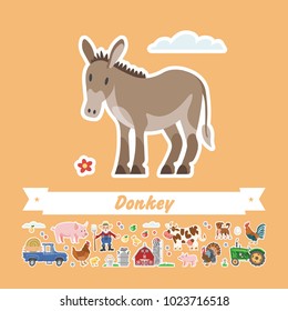 Cartoon donkey vector flat illustration. Funny isolated mule. Farming collection country stickers.