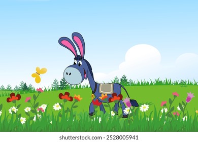 Cartoon Donkey Vetor, Burro com Flores Jardim, flores, borboleta, paisagem verde Fundo