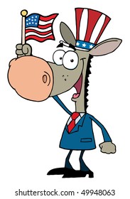 Cartoon Donkey Waving An American Flag