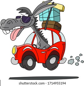 Cartoon donkey wearing sun glasses driving a car going on vacation vector illustration