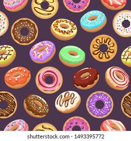 Cartoon donut background. Assorted donuts food seamless pattern, colour ring donutes with sugar sprinkles vector image for gourmet kitchen decoration