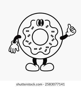 Cartoon donut character with arms and legs, giving a thumbs up. Black and white illustration of a donut. Fun and playful donut design. Line art illustration vector.