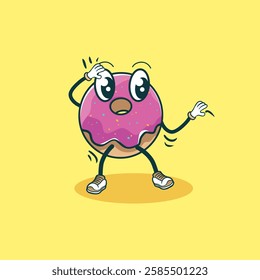 A cartoon donut character with arms and legs is depicted walking while expressing surprise and joy.