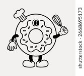 Cartoon donut character with chef hat and whisk. Donut illustration with playful design. Fun donut mascot with baking theme. Black and white donut drawing. Food illustration vector.