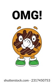  Cartoon donut character in groovy style. Omg concept  retro food illustration for card, poster, banner, flyer, design print, t-shirt. Vector
