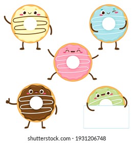 Cartoon donut characters with happy face. Colorful doughnut collection. Sweet pastry banner vector illustration. Funny food emoji set