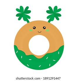 Cartoon Donut with clover. St. Patrick's Day vector illustration.Postcard, poster, banner, print design.