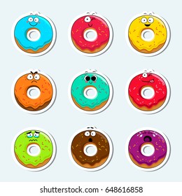 Cartoon donut cute character face isolated vector illustration. Funny sweet bakery face icon collection. Cartoon face food emoji. Carrot emoticon. Funny food sticker.