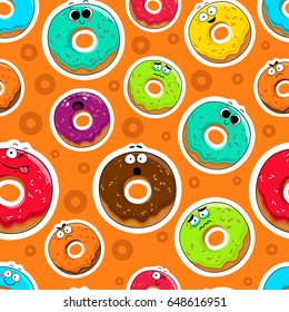 Cartoon donut cute characters face isolated vector illustration. Funny sweets face icon seamless background. Cartoon face food emoji. Sweets emoticon.
