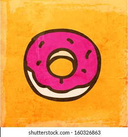 Cartoon Donut. Cute Hand Drawn Vector illustration, Vintage Paper Texture Background
