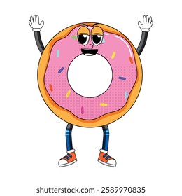 Cartoon donut with eyes and hands isolated on white background