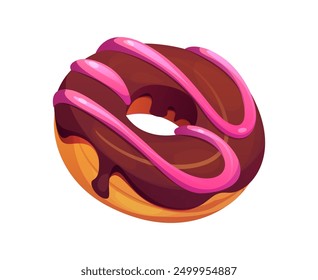 Cartoon donut, fast food treat. Isolated vector luscious chocolate doughnut drizzled with pink icing. Decadent bakery, confection or pastry combines rich cocoa flavor with a sweet, colorful topping