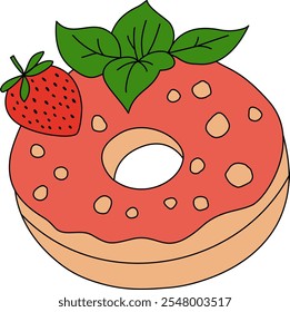 Cartoon Donut with Fresh Strawberry and Leaf Garnish