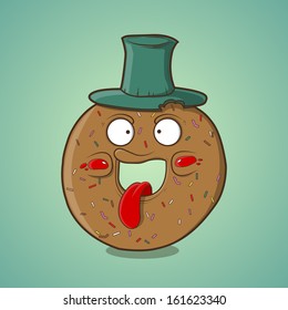 Cartoon donut with green hat. Vector Illustration