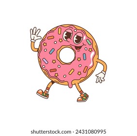 Cartoon donut groovy character. Isolated vector vibrant doughnut pastry dessert personage with funky smile, pink glaze and vividly colorful sprinkles, embodies a 70s vibe, with a wide, cheery smile