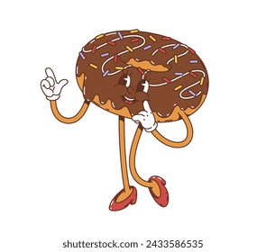 Cartoon donut groovy character joyfully flirting in red heels. Isolated vector retro doughnut pastry with chocolate glaze, colorful sprinkles and vintage flair, embodying a nostalgic 70s inspired vibe