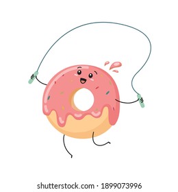 Cartoon donut with pink cream. Kawaii vector illustartion - happy dessert isolated on white background.