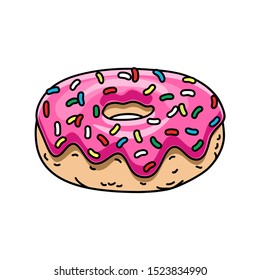 cartoon donut with pink glaze and colored sprinkles. vector illustration