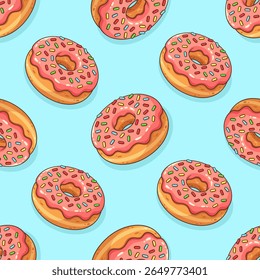 Cartoon donut with pink glaze and colorful sprinkles on blue background. Vector seamless pattern.