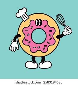 Cartoon donut with pink icing, chef hat, and whisk. Playful donut character, pink icing, chef hat, whisk. Fun donut illustration with pink icing and chef theme. Funky vector illustration.