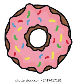 Cartoon donut with pink icing and colorful sprinkles, isolated on a white background.