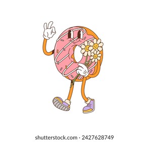 Cartoon donut retro groovy character joyfully holds a flower bouquet. Isolated vector doughnut pastry with pink glaze, colorful sprinkles and vintage flair, embodying a nostalgic 70s inspired vibe