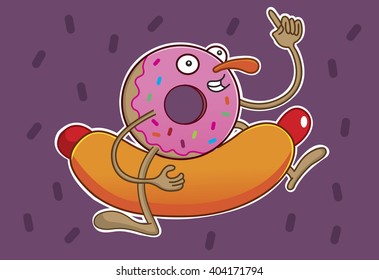 Cartoon donut riding a hotdog