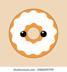 A cartoon donut with a smiling face on it. The donut is white and orange. The eyes are black and the mouth is open
