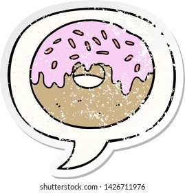 cartoon donut with speech bubble distressed distressed old sticker