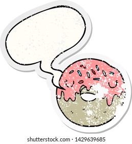 cartoon donut with speech bubble distressed distressed old sticker