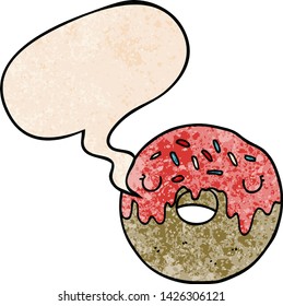 cartoon donut with speech bubble in retro texture style