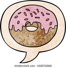 caricatura de donut con burbuja de habla en estilo de textura retro