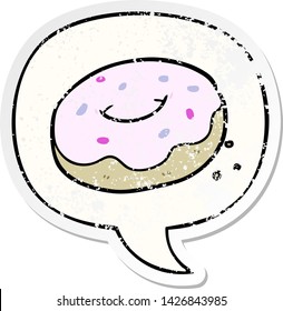 caricatura de donut con espolvorines con burbuja de habla angustiada pegatina vieja