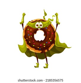 Caricatura de un personaje de superhéroe. Postre para llevar, café de comida rápida lindo defensor dulce o personaje vectorial héroe. donut con chapuzón de chocolate y rociar carácter alegre, usando manto y máscara