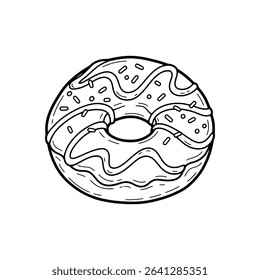 Cartoon donut topped with dripping icing and sprinkles, ideal for food and snack illustrations on white with png file.