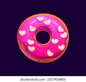 Donut de desenhos animados, doces de doces de namorados, confeitaria. Vetor delicioso donut coberto com glacê rosa brilhante e adornado com polvilhos em forma de coração. Brincalhão, dia dos namorados sobremesa para data romântica